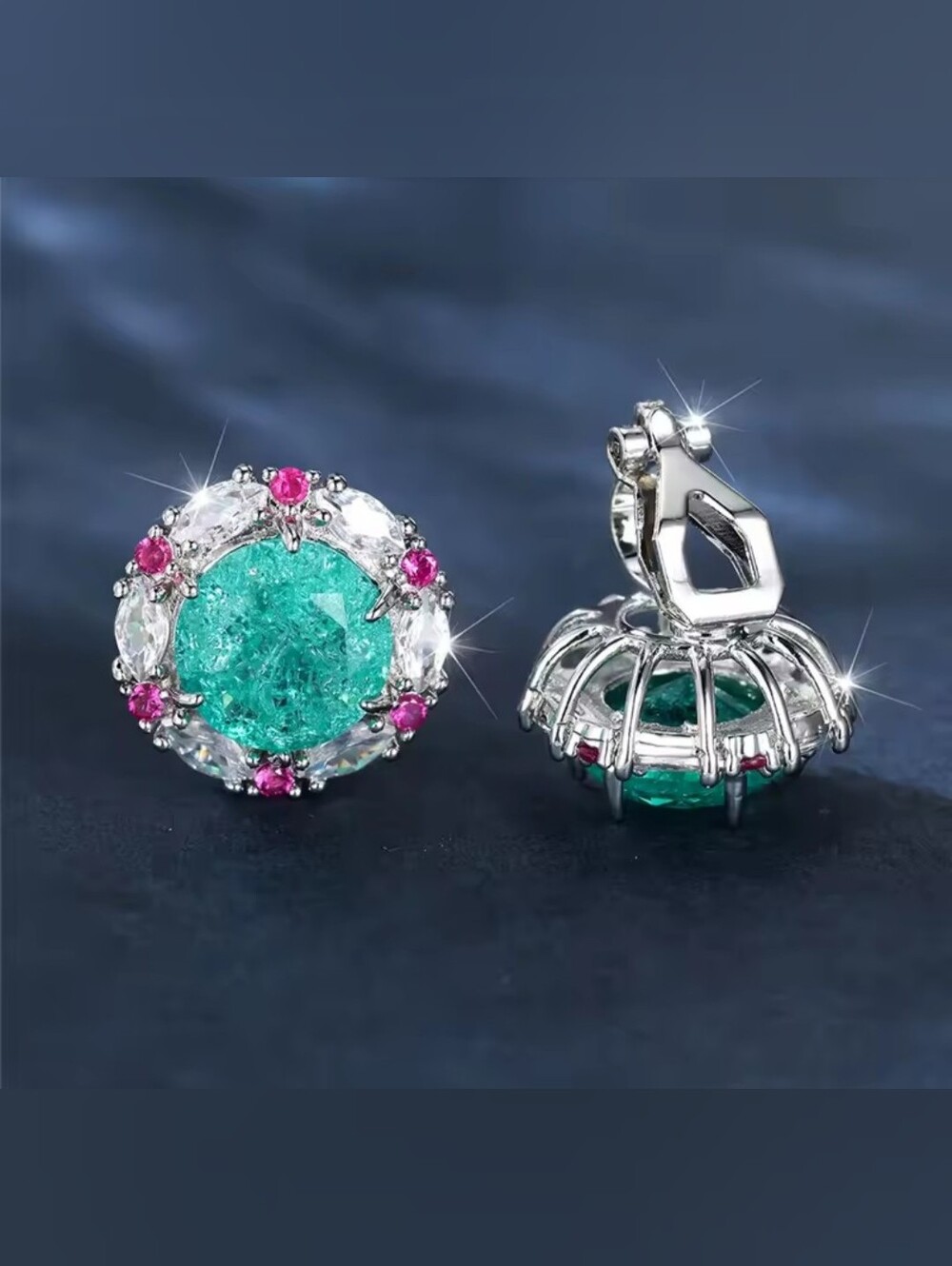 White Rhodium Paraiba Tourmaline Halo Clip Earrings